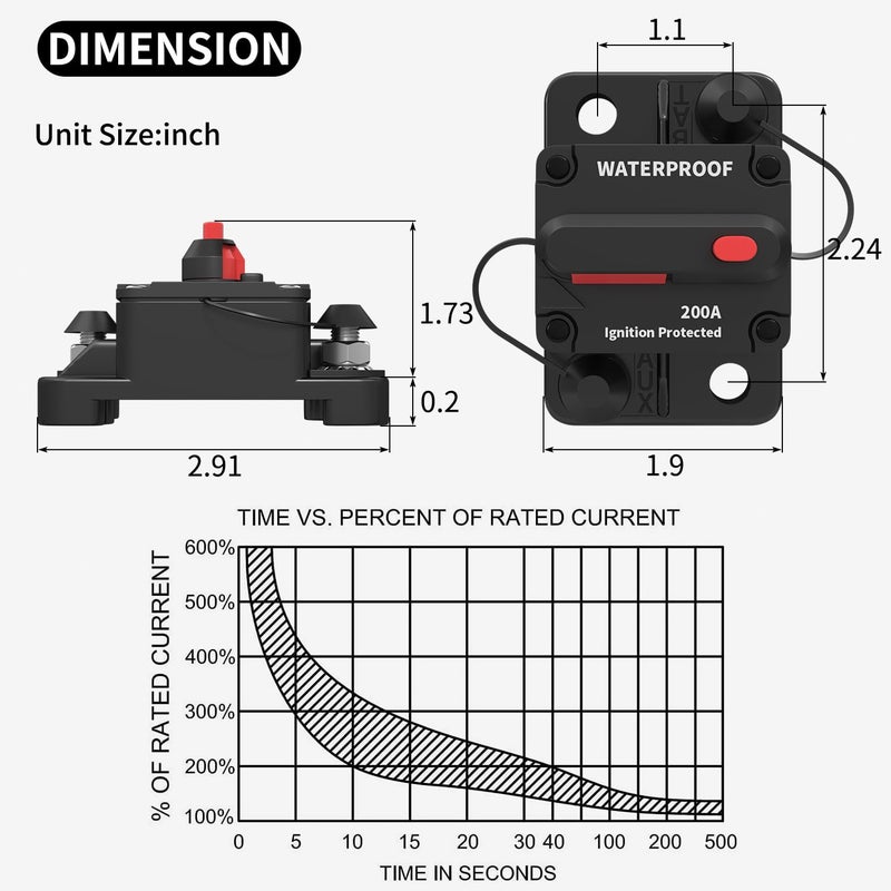 DAIERTEK 12V Circuit Breaker 200A, 12 Volt 200 Amp Circuit Breakers Waterproof Resettable Marine Circuit Breaker for Car Auto -2Pack - Image 2